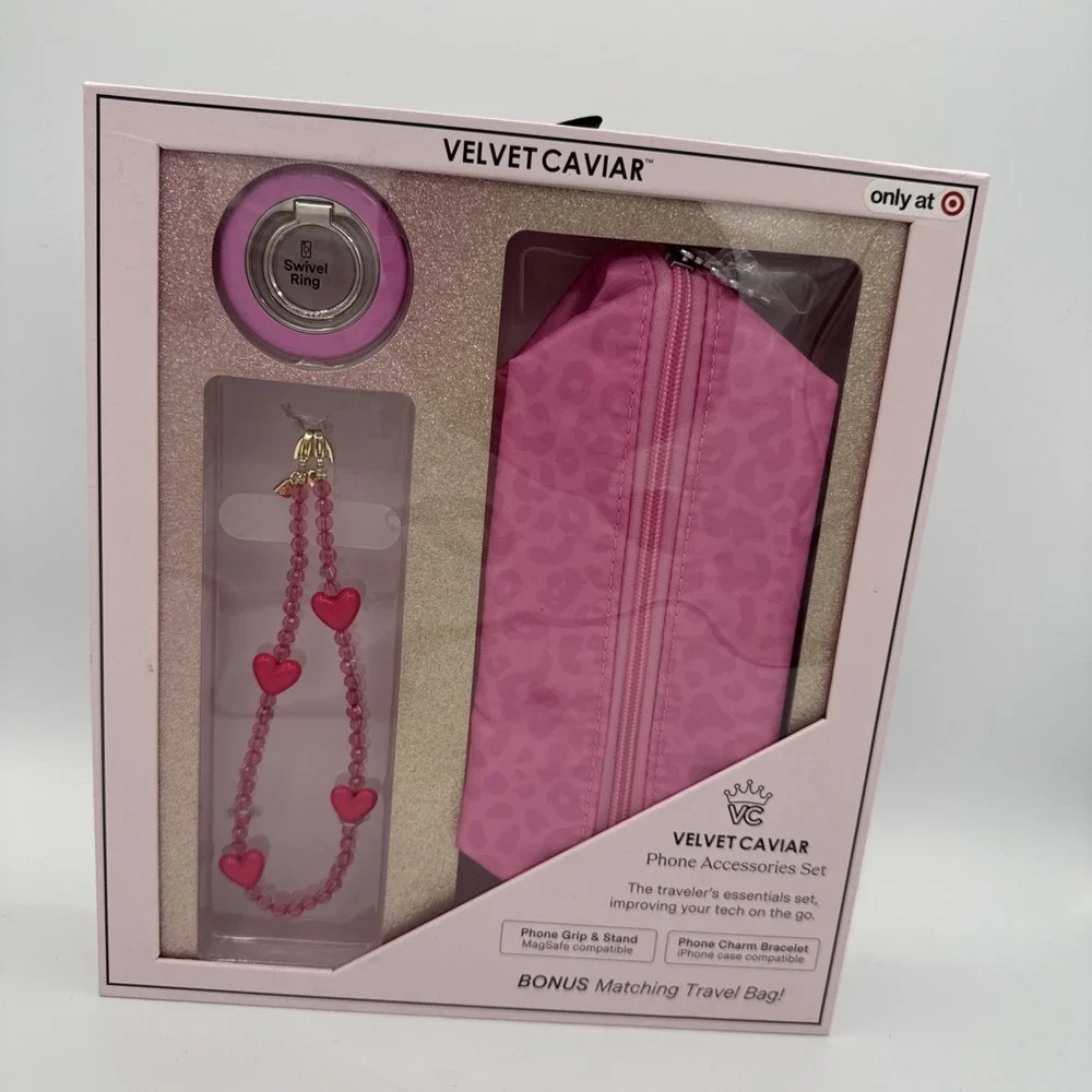 VELVET CAVIAR Phone Accessories Set Hot Pink Leopard Phone Grip Stand Travel Bag